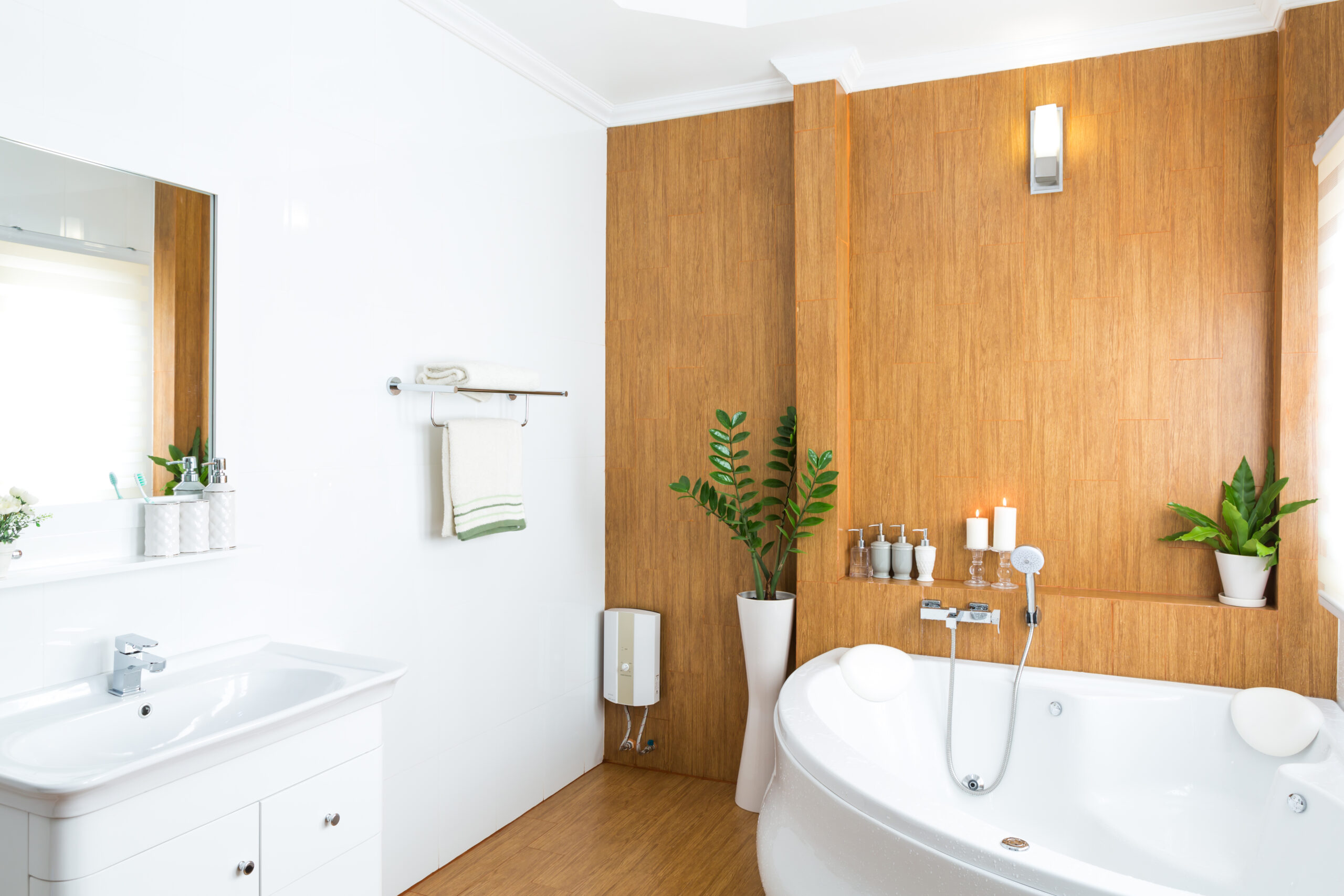 Stunning modern bathroom with therapeutic tub and ergonomic hardware