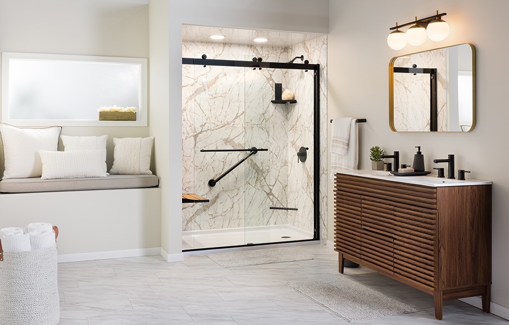 Large shower in space previously used for a garden tub