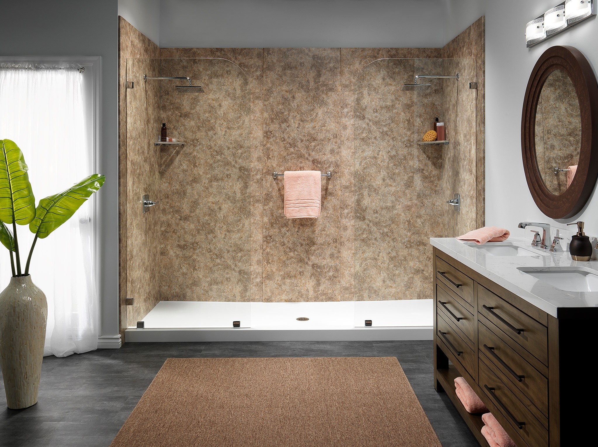 A beautiful bathroom takes on a totally different look thanks to a new walk-in shower with an eye-catching design