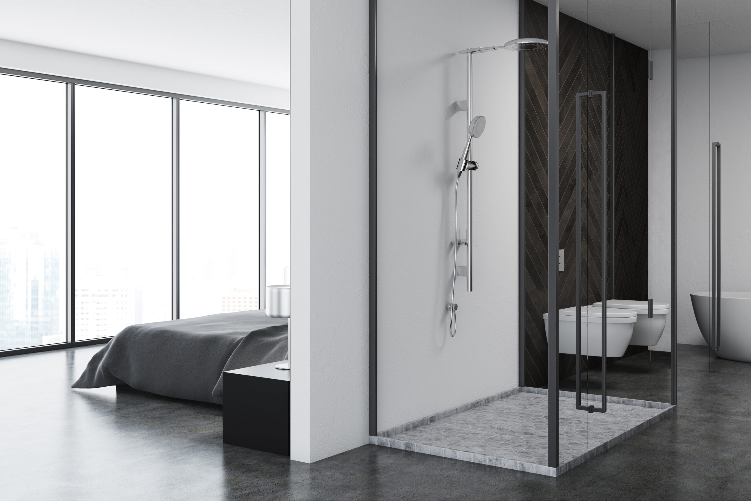 This image features a beautiful bathtub, walk-in shower, and sink against the wall.